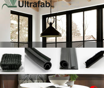 an interior photograph of a window with black frames with an inset of four different types of black seals from Ultrafab