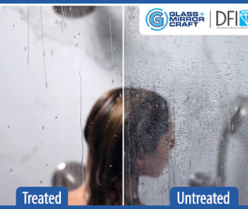 a photo on the right shows shower glass treated with diamon-fusion glass protection with minimal condensation compared with a photo on the left of untreated shower glass obscured by water droplets and condensation