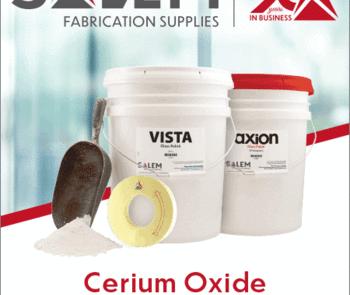 a rotating image featuring the salem fabrication supplies 90th anniversary logo at the top with tubs of cerium oxide with scoop leaning against the white tub, followed by two cerium polish wheels