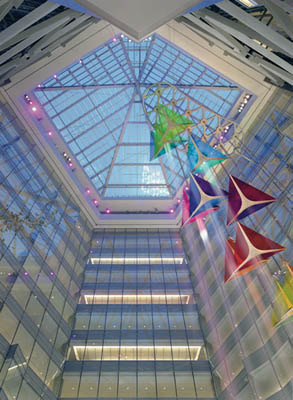 Compuware World Headquarters, Detroit; finish: bright Silver Fluropon Classic II; finisher: Linetec; manufacturer/installer: Super Sky Products Inc.